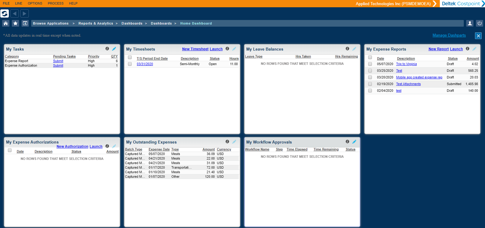 Costpoint Time and Expense Home Dashboard for Government Contractors